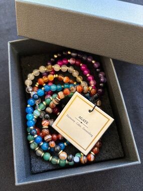 Genuine Agate Gemstone & Brass Beaded Bracelet Set - New with Tags